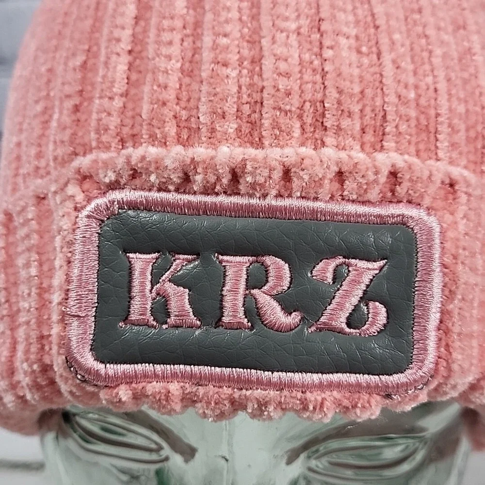 KMZ Beanie Hat Womens Blush Pink Chenille Knit Faux Fur Lined PomPom Ski Cap